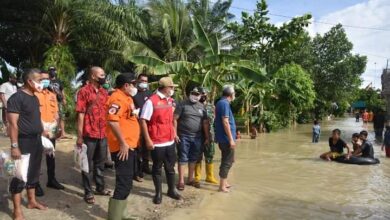 Bupati Batubara Ir. Zahir, M. Ap didampingi Kepala BPBD saat meninjau lokasi banjir di Desa Bangun SariKecamatan Datuk Tanah Datar Kabupaten Batubara Provinsi Sumatera Utara