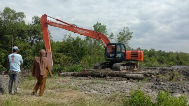 Proses akhir pembuatan tanggul air asin di Desa Kapal Merah Kecamatan Nibung Hangus Kabupaten Batubara.