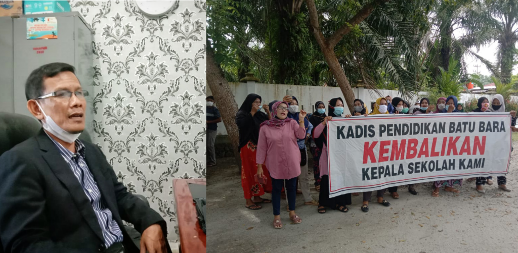 (Kiri) Amat Mukhtas Ketua Komisi III DPRD Batubara, (kanan) masyarakat wali murid SD 04 Titi Merah saat protes di Kantor Dinas Pendidikan Batubara.