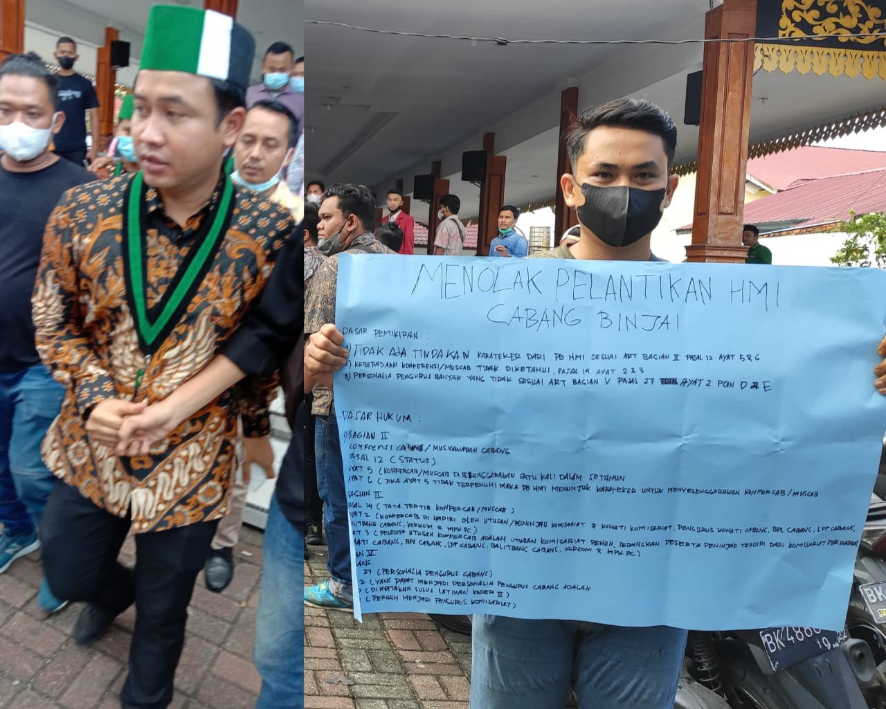 Sekjen PB HmI Icha Halimuddin saat usai Pelantikan HMI Cabang Binjai (kiri foto). Dikky Abdullah Arief Lubis Kader HMI Komisaruat STAI AL ISHLAHIYAH Cabang Binjai yang mengecam Pelantikan Cabang yang dianggap tidak konstitusional oleh utusan PB HMI. (kanan foto dengan poster penolakan)