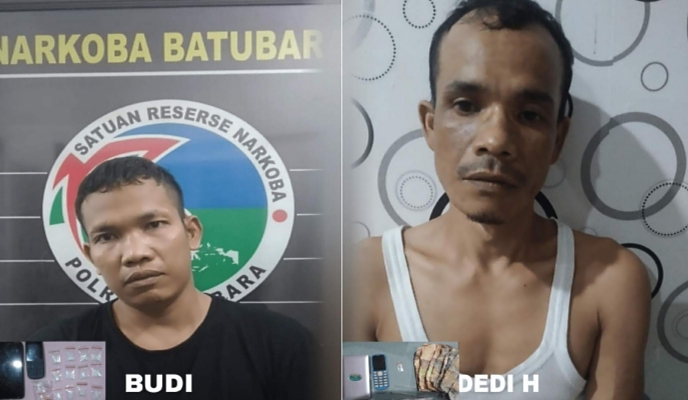 Dua tersangka BD Sabu beserta barang bukti, saat diringkus Satrednarkoba Polres Batubara di dua lokasi yang berbeda. (Doc; Ist)