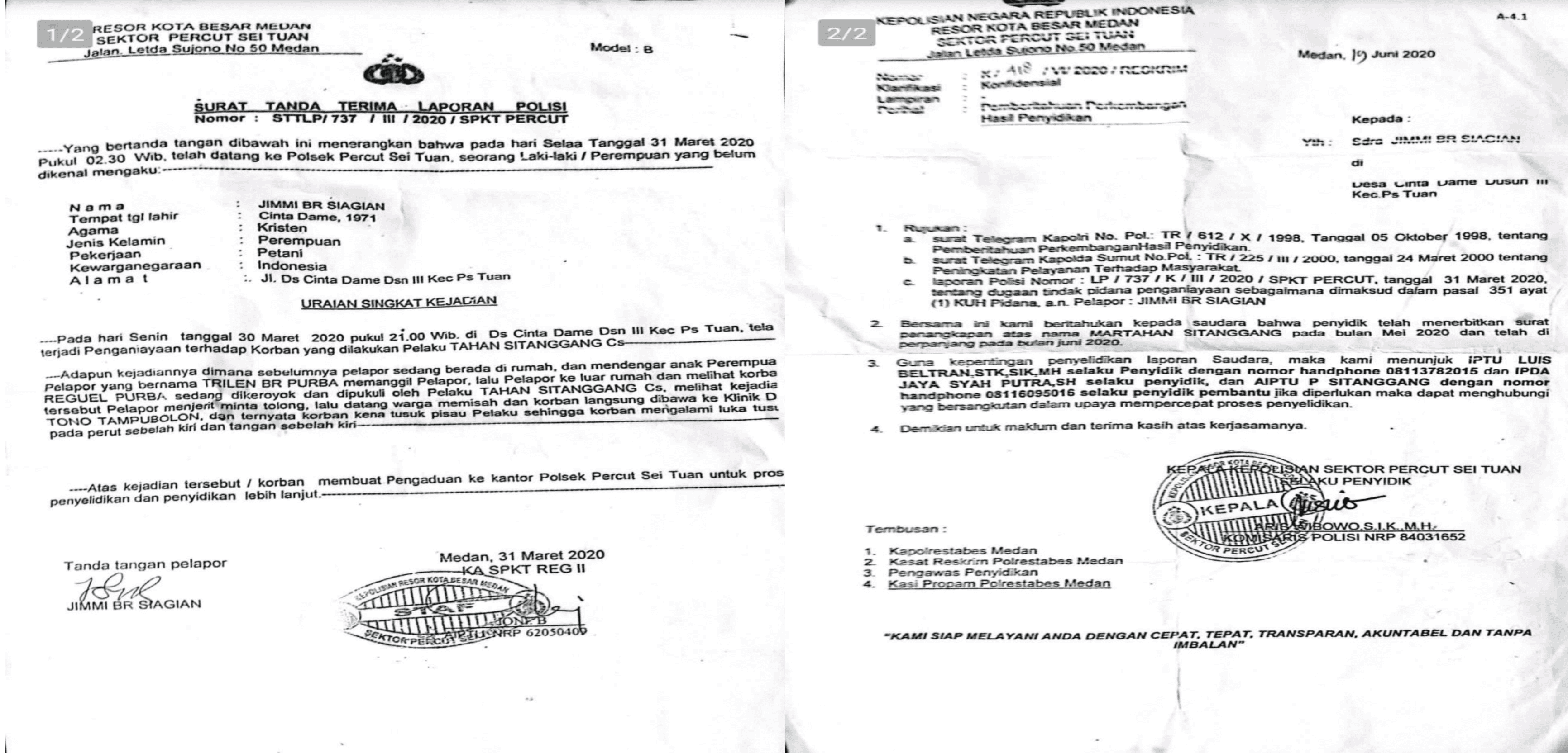 Teks foto: Surat terima laporan tertanggal 31 Maret 2020, dan Surat Pemberitahuan Perkembangan Hasil Penyelidikan tertanggal 19 Juni 2020.
